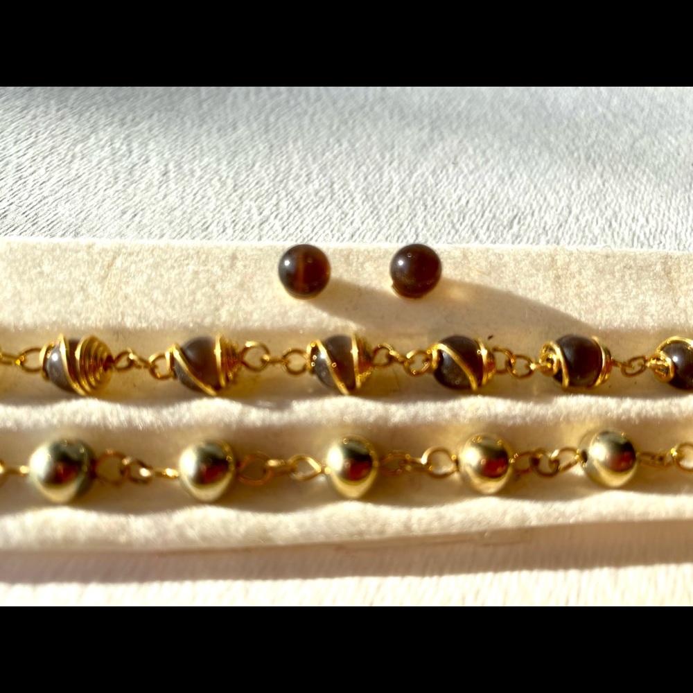 Two Gold and Brown Link Bracelets with One Pair Brown Orb Studs   NEVER WORN